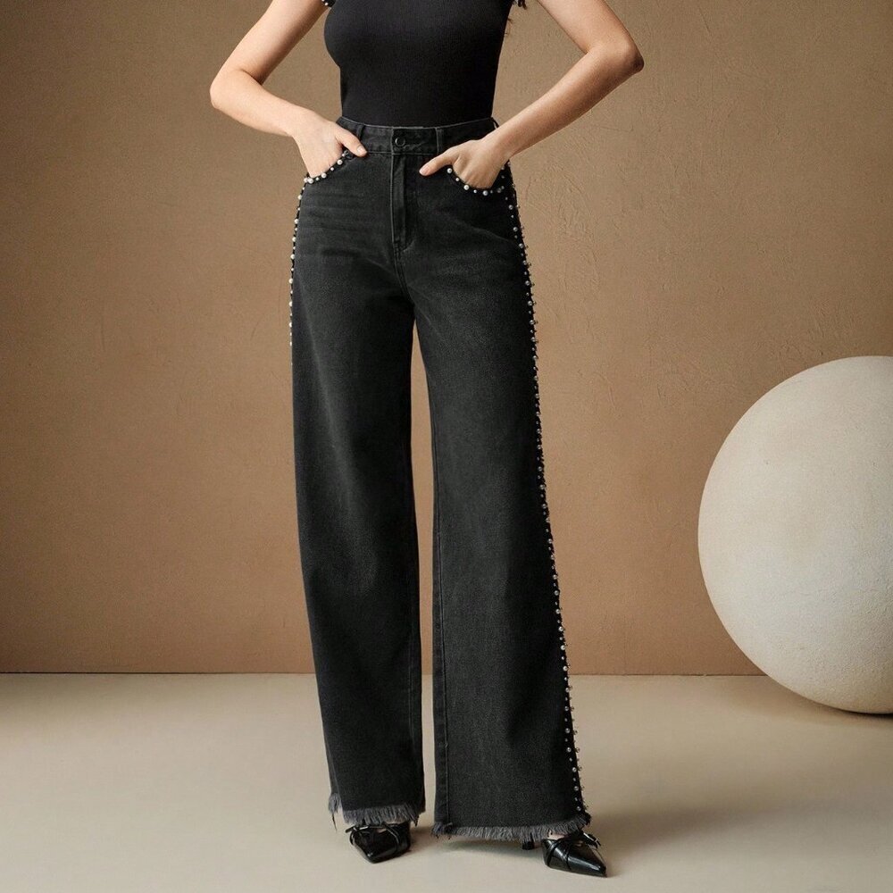 Black Casual Women's Elegant Straight-Leg Jeans With Beaded Decoration